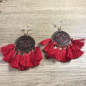 Bohemian Round Disc Rhinestone Red Tassel Earrings
